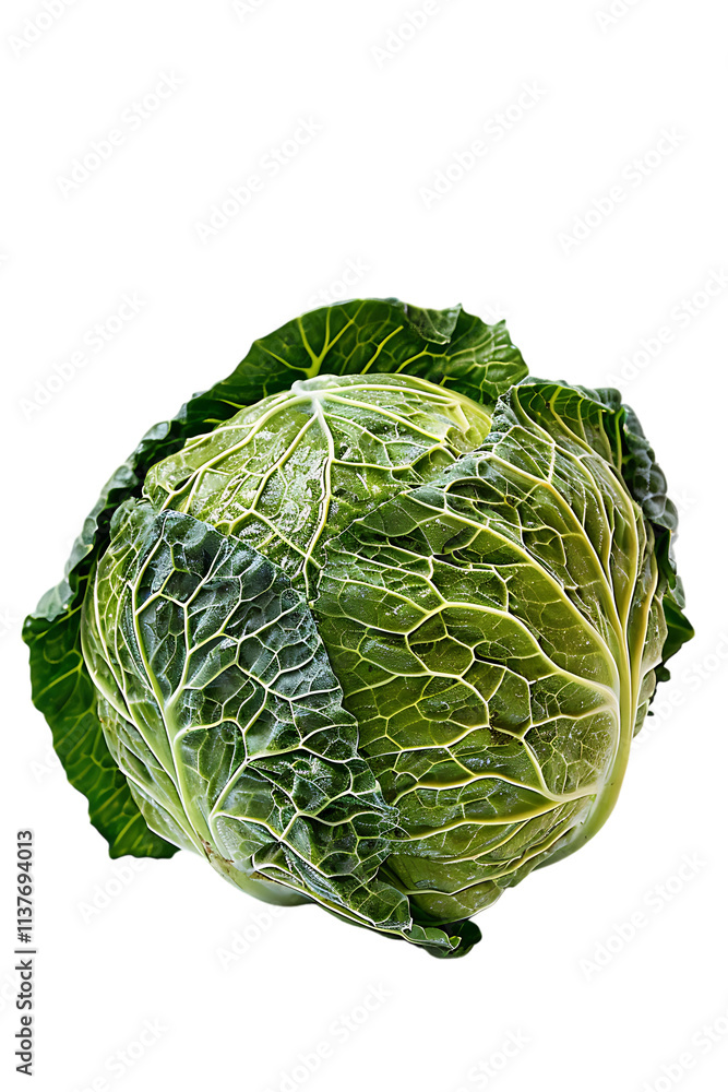 Fototapeta premium A fresh, textured head of green savoy cabbage with prominent veins is perfectly isolated on a plain transparent background for food advertising.