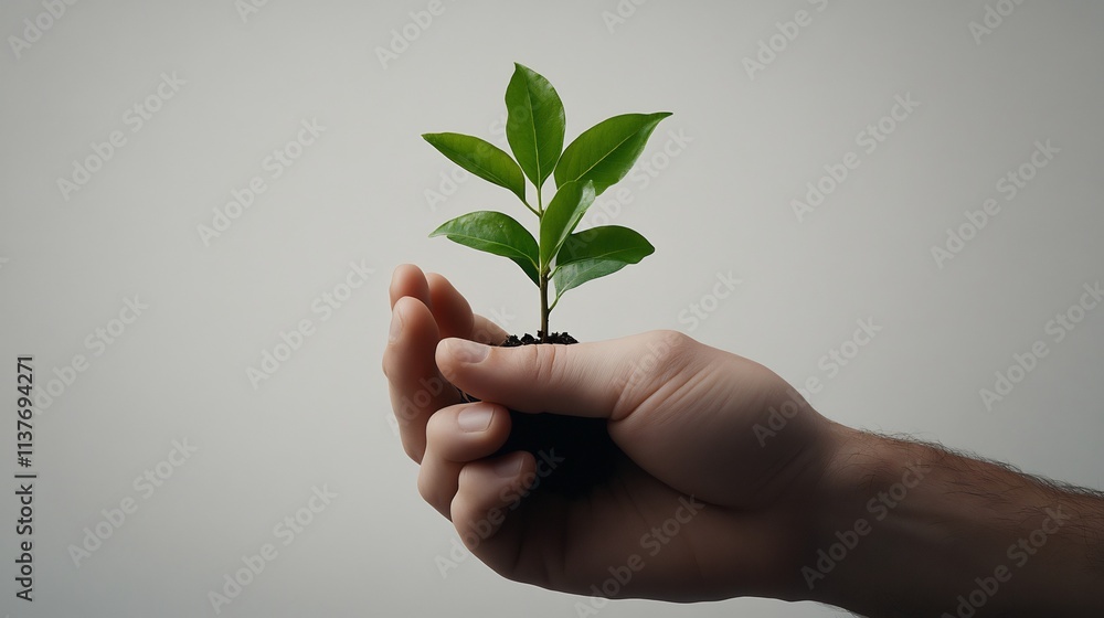 Hand holding a small green plant seedling. Hand holding a small green plant seedling.