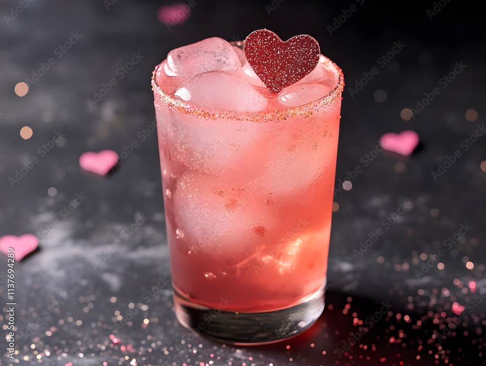 A refreshing pink cocktail garnished with a sparkling heart, surrounded by heart-shaped decorations, perfect for romantic occasions. A refreshing pink cocktail garnished with a sparkling heart, surrounded by heart-shaped decorations, perfect for romantic occasions.