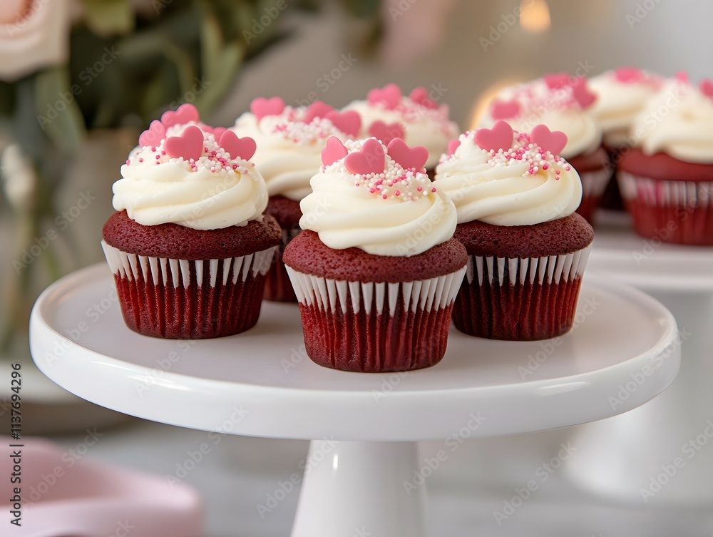 A display of red velvet cupcakes topped with creamy frosting and heart-shaped sprinkles, perfect for celebrations and special occasions. A display of red velvet cupcakes topped with creamy frosting and heart-shaped sprinkles, perfect for celebrations and special occasions.