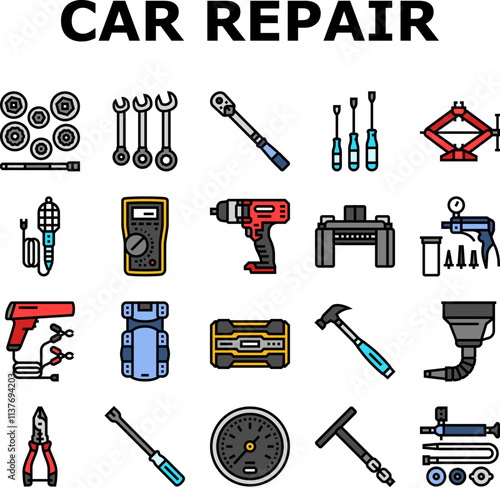 car repair tools wrench icons set vector. socket ratchet, pliers jack, lift screwdriver, multimeter, compressor, torque car repair tools wrench color line illustrations