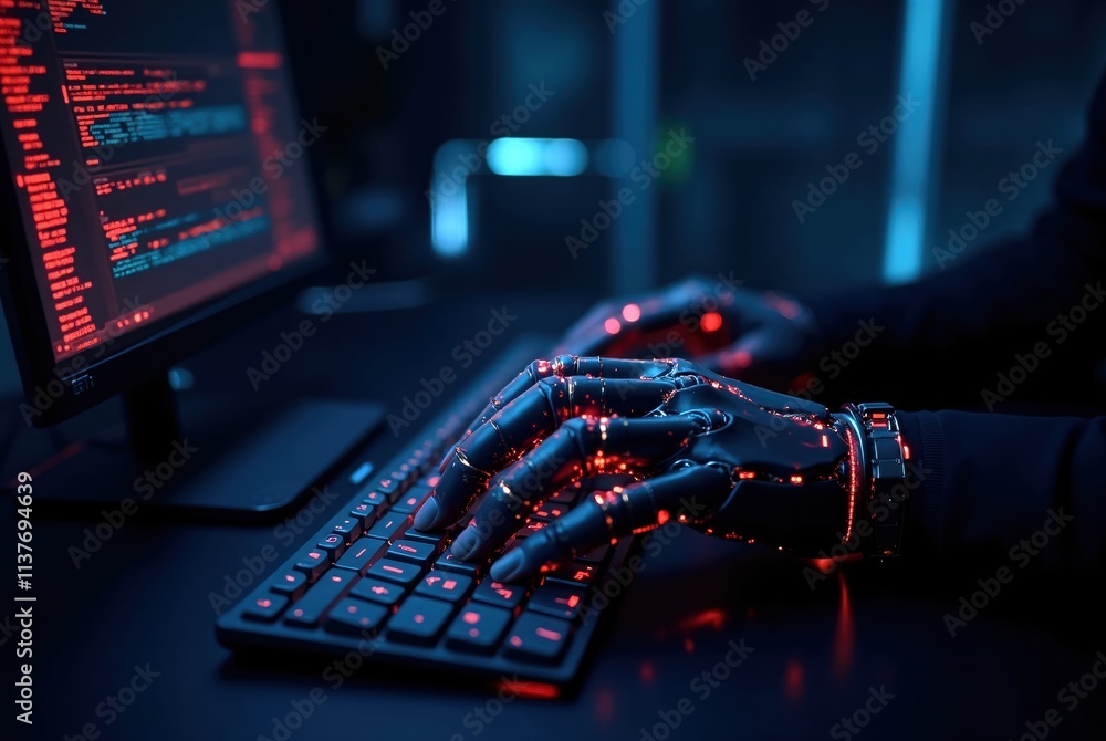 A robotic hand reaches out to touch a computer screen displaying complex digital patterns symbolizing artificial intelligence and technology. A robotic hand reaches out to touch a computer screen displaying complex digital patterns symbolizing artificial intelligence and technology.