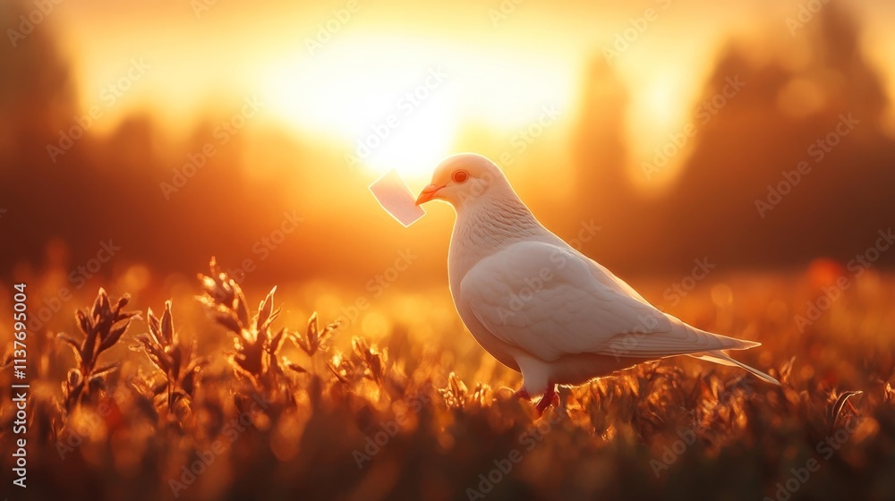 White Dove Delivering a Message of Peace at Sunset. Generative AI White Dove Delivering a Message of Peace at Sunset. Generative AI