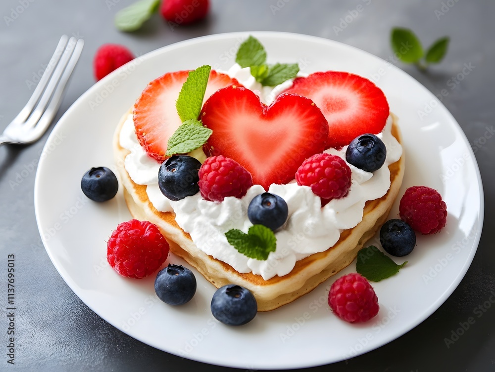 A heart-shaped pancake topped with whipped cream, strawberries, raspberries, blueberries, and mint leaves, presented on a white plate. A heart-shaped pancake topped with whipped cream, strawberries, raspberries, blueberries, and mint leaves, presented on a white plate.