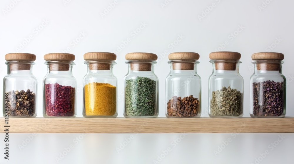 Assorted Spices in Glass Jars on a Wooden Shelf Assorted Spices in Glass Jars on a Wooden Shelf