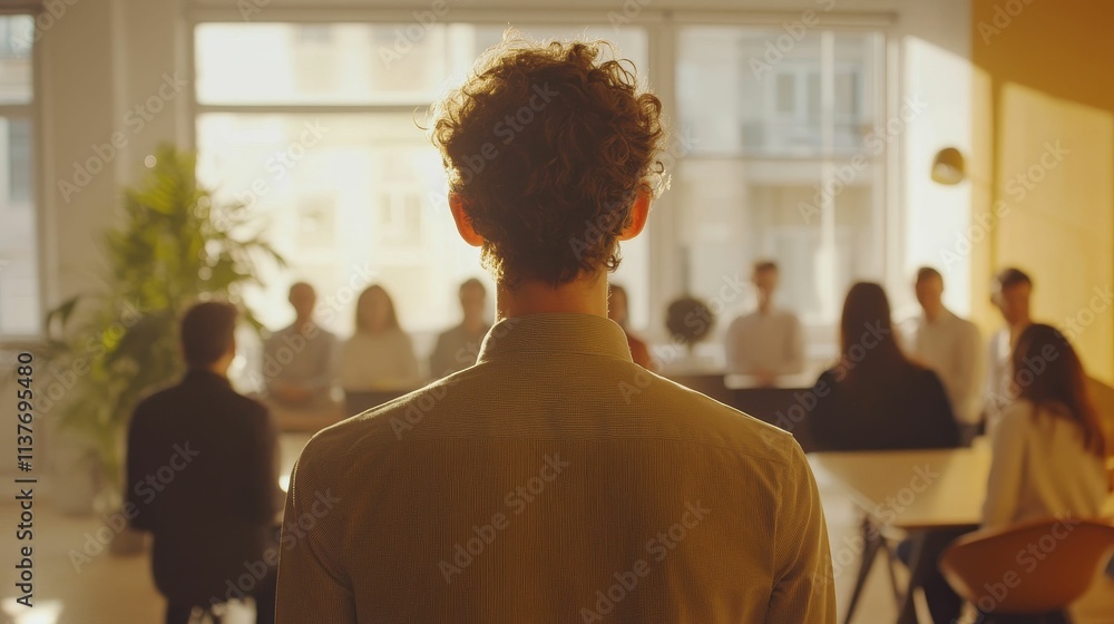 Person's back, sunlit room, blurred colleagues meeting. Person's back, sunlit room, blurred colleagues meeting.