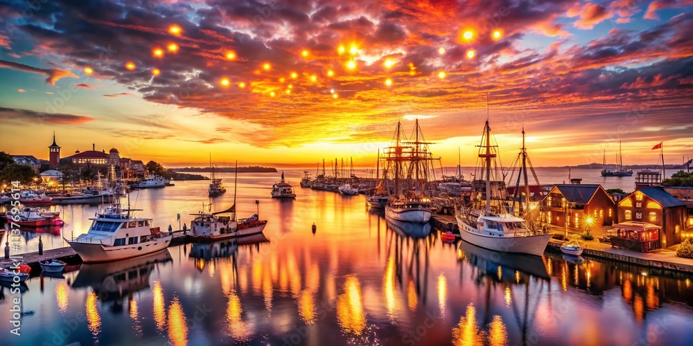 Sunset Harbor Bokeh Photography: Golden Hour, Waterfront, Port City, Coastal Scene, Dramatic Sky Sunset Harbor Bokeh Photography: Golden Hour, Waterfront, Port City, Coastal Scene, Dramatic Sky