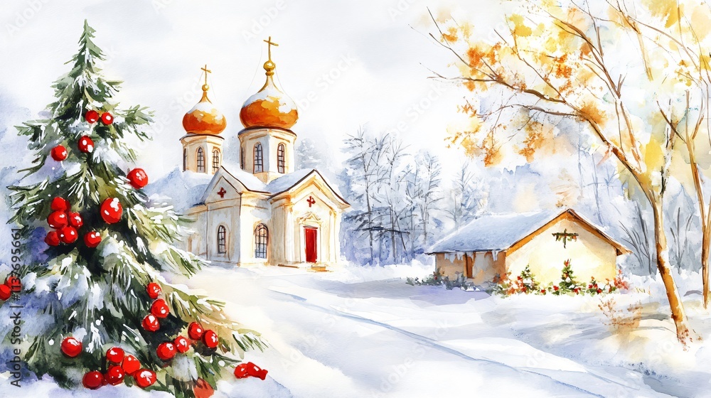Serene Winter Church: A Watercolor Painting of Faith and Festivity Serene Winter Church: A Watercolor Painting of Faith and Festivity