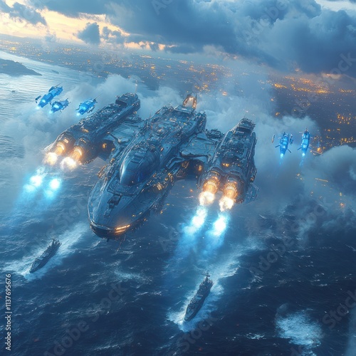 Futuristic spaceship with escort fleet flying over ocean at sunset. photo