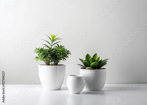 Surreal Arrangement of Two Office Plants in Rounded White Pots on a Minimalist White Background, Perfect for Modern Decor and Nature Aesthetics in Professional Spaces