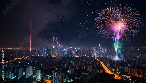 colorful fireworks at night to welcome new year, a happy New year realistic background 
