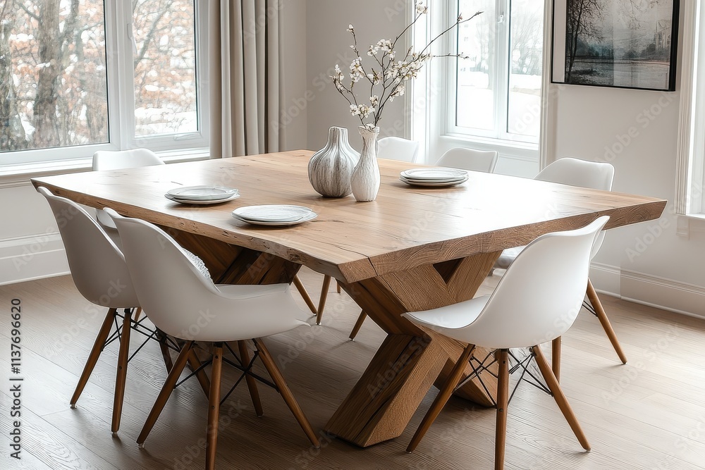 Fototapeta premium Modern dining table with white chairs and wooden base, featuring a large rectangular oak wood tabletop with natural grain texture, minimalist decor.