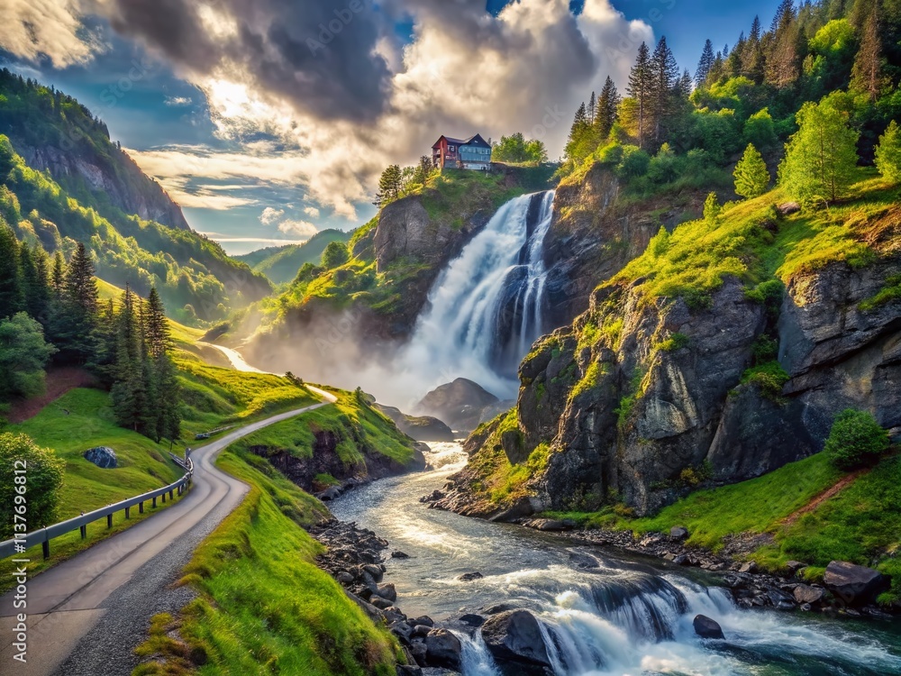 Fototapeta premium Majestic Vinnufossen Waterfall at Dusk: A Breathtaking View of Europe’s Tallest Waterfall Surrounded by Lush Greenery and Dramatic Mountain Landscapes on the Road to Adventure