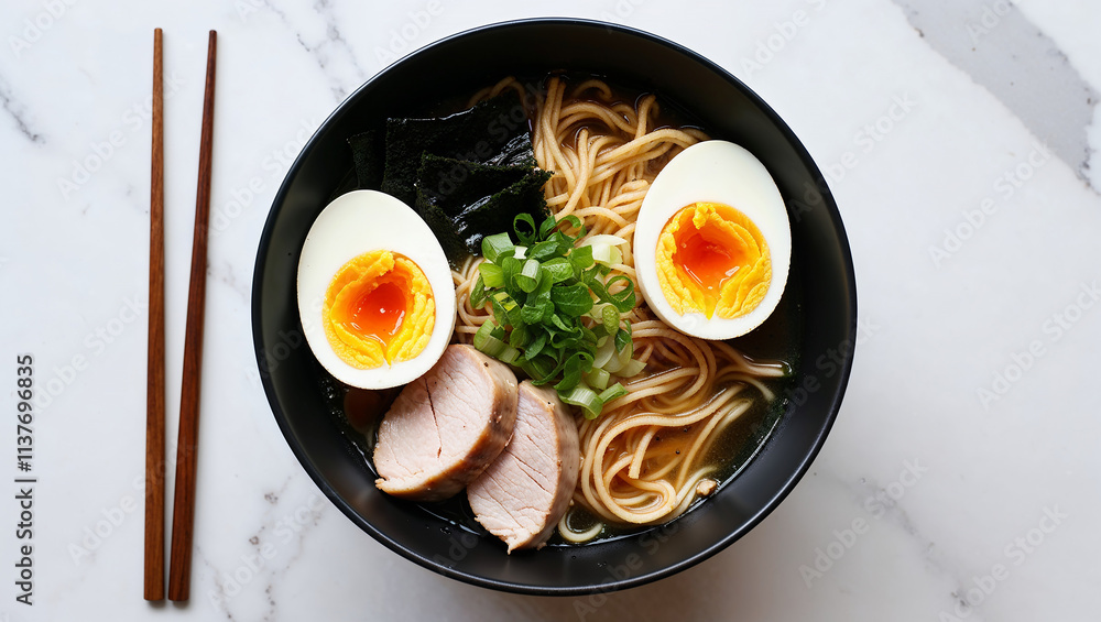 Delicious ramen bowl with pork, eggs, nori seaweed and green onions, ready to eat Delicious ramen bowl with pork, eggs, nori seaweed and green onions, ready to eat
