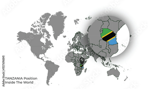 TANZANIA Position Inside the World with Flag in Map