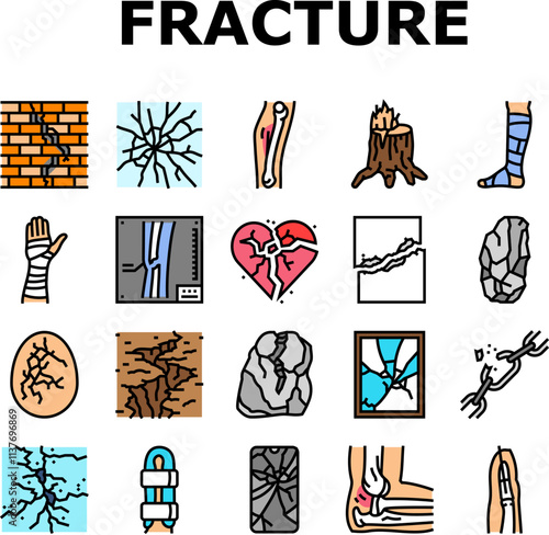 fracture bone break injury icons set vector. healing cast, splint pain, trauma orthopedic ray, diagnosis, treatment, recovery fracture bone break injury color line illustrations