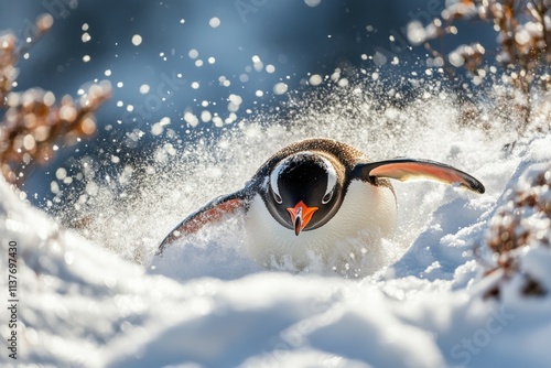 An adorable penguin appears at ease on a sandy beach, close to sea-kissed rocks. Beautiful simple AI generated image photo