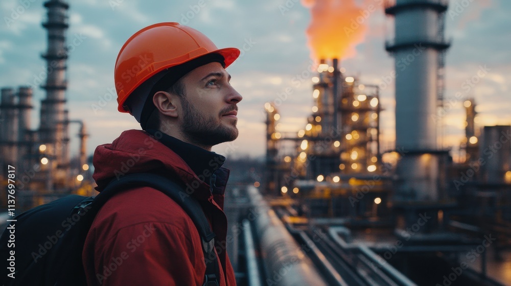 Worker in Safety Helmet Gazing at Industrial Plant during Sunset