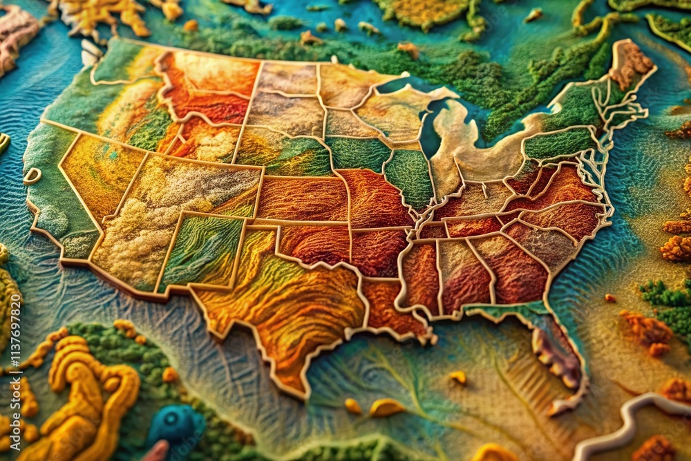 Surreal Embossed USA Map with Dreamlike Textures and Vivid Colors, Capturing the Essence of America’s Geographic Features in a Unique Artistic Representation Surreal Embossed USA Map with Dreamlike Textures and Vivid Colors, Capturing the Essence of America’s Geographic Features in a Unique Artistic Representation