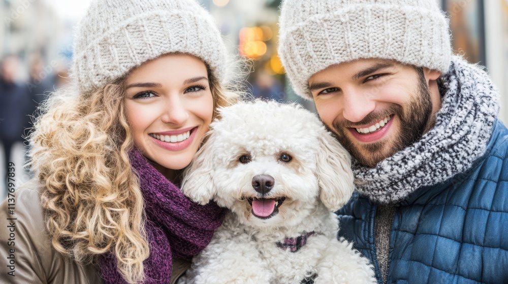 A smiling couple wearing warm winter clothes posing with their fluffy white dog, enjoying a cozy day outdoors in the city. A smiling couple wearing warm winter clothes posing with their fluffy white dog, enjoying a cozy day outdoors in the city.