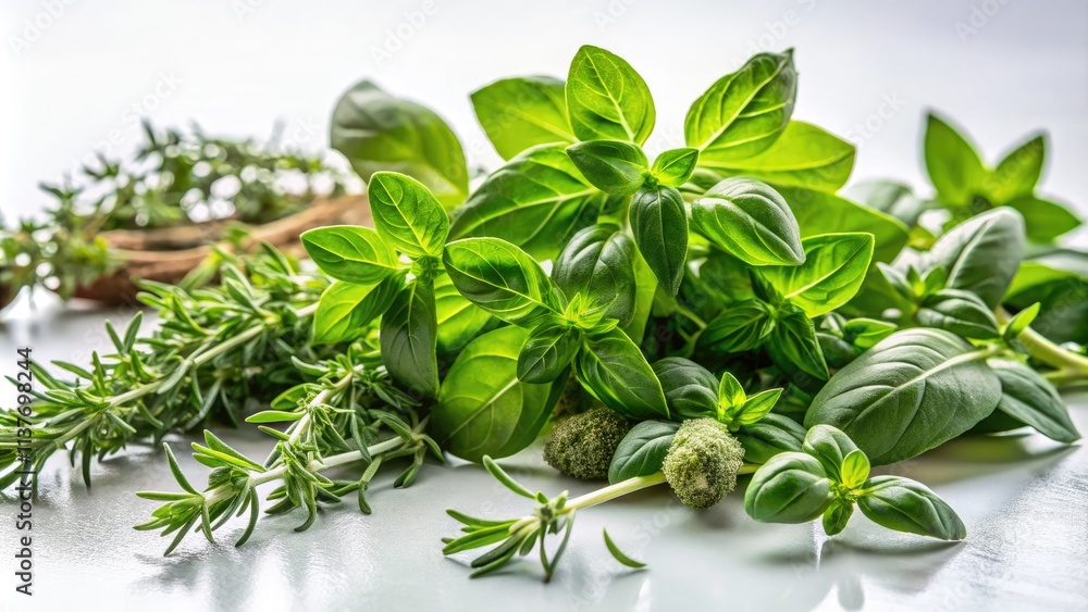 High-resolution PNG: Fresh thyme & basil herbs, a culinary spice collection perfect for food photography backgrounds. High-resolution PNG: Fresh thyme & basil herbs, a culinary spice collection perfect for food photography backgrounds.
