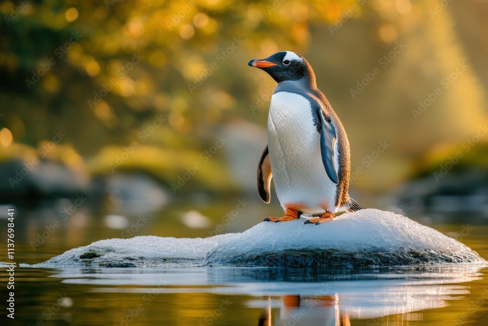 Fototapeta premium An adorable trio of penguins seems to dance on a drifting iceberg with a soft-focus ocean background evoking a sense of freedom. Beautiful simple AI generated image