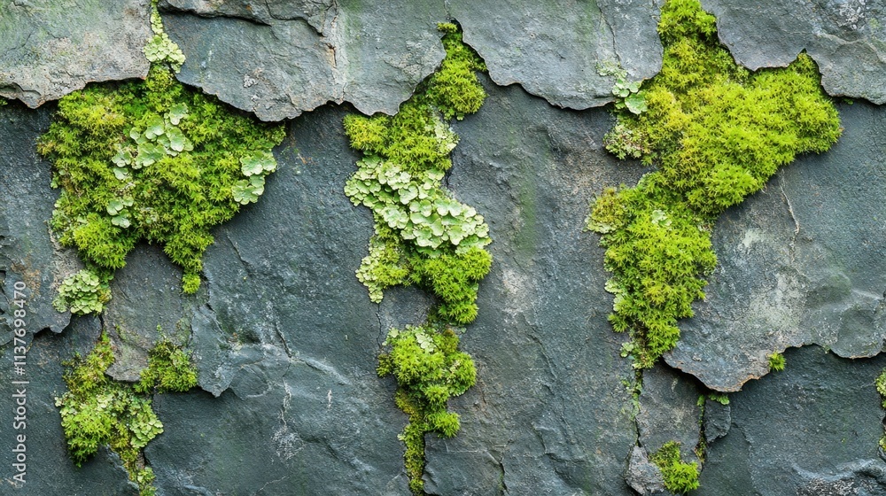 Lush Green Moss and Lichen on Weathered Slate Stone Wall Surface Texture Lush Green Moss and Lichen on Weathered Slate Stone Wall Surface Texture