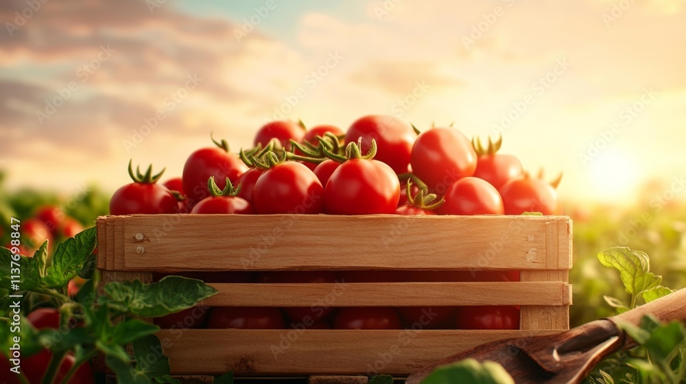 Fresh Tomatoes in a Wooden Crate in a Garden Setting. Generative AI Fresh Tomatoes in a Wooden Crate in a Garden Setting. Generative AI