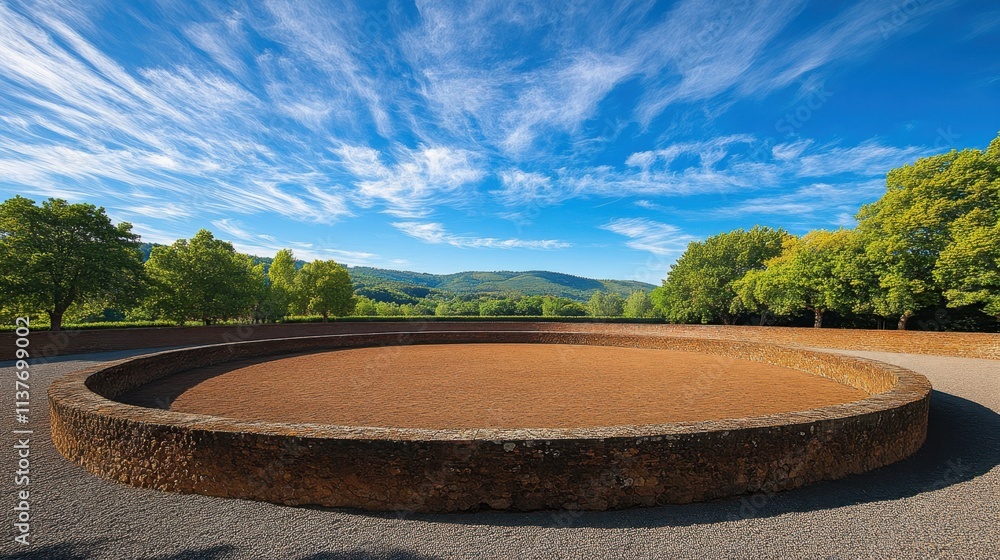 Fototapeta premium Scenic View of Expansive Round Earthwork Surrounded by Lush Green Trees