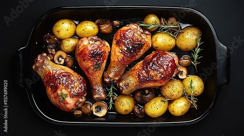 Baked chicken drumsticks with potatoes and mushrooms on a black background photo