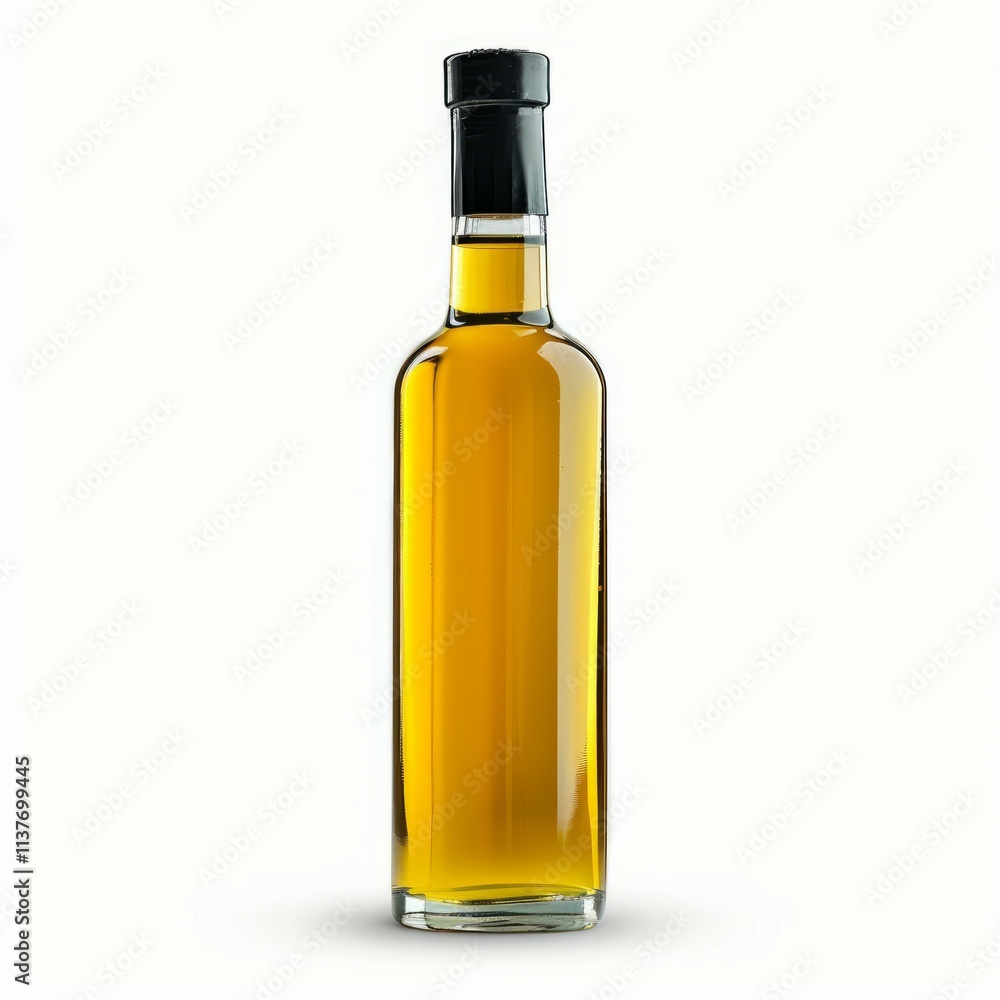 Studio shot of a glass bottle containing a golden liquid, isolated on a white background, ideal for showcasing products like olive oil, whiskey, or other beverages Studio shot of a glass bottle containing a golden liquid, isolated on a white background, ideal for showcasing products like olive oil, whiskey, or other beverages