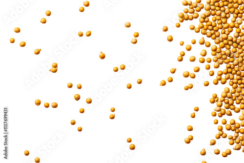 Yellow mustard seeds macro isolated on white or transparent background, top view


