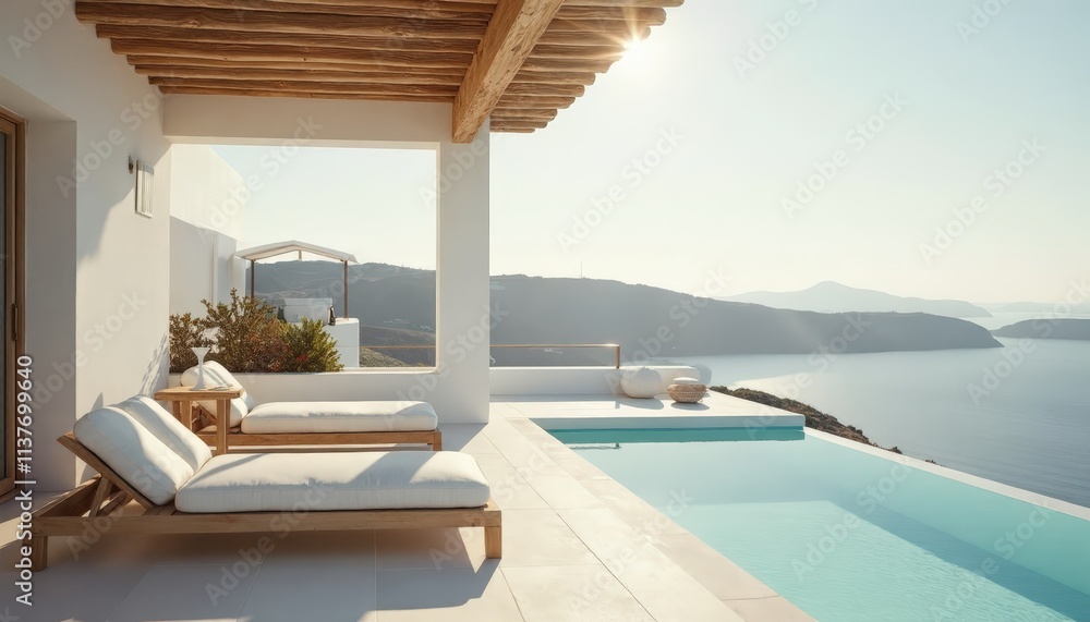 Fototapeta premium Stylish villa terrace with infinity pool and mountain view, serene atmosphere, modern design, natural light