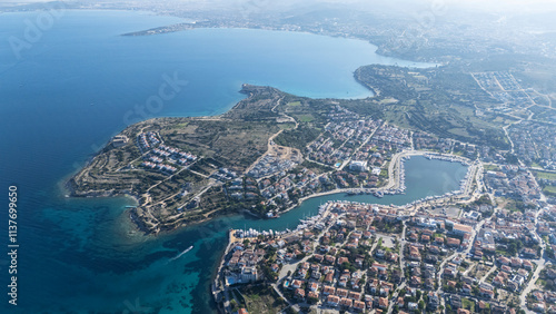 Fototapeta Naklejka Na Ścianę i Meble -  Dalyan Village drone view in Cesme Peninsula of Turkey