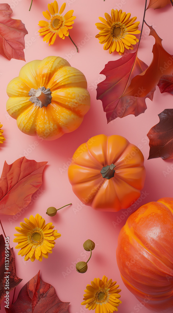 Pumpkins and orange flowers with leaves. Digital art capturing an autumn scene with vibrant colors.
