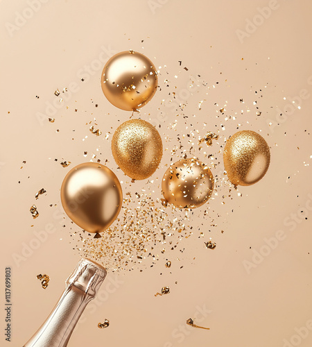 champagne bottle with golden party balloons