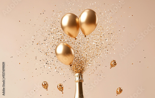 champagne bottle with golden party balloons