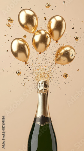 champagne bottle with golden party balloons