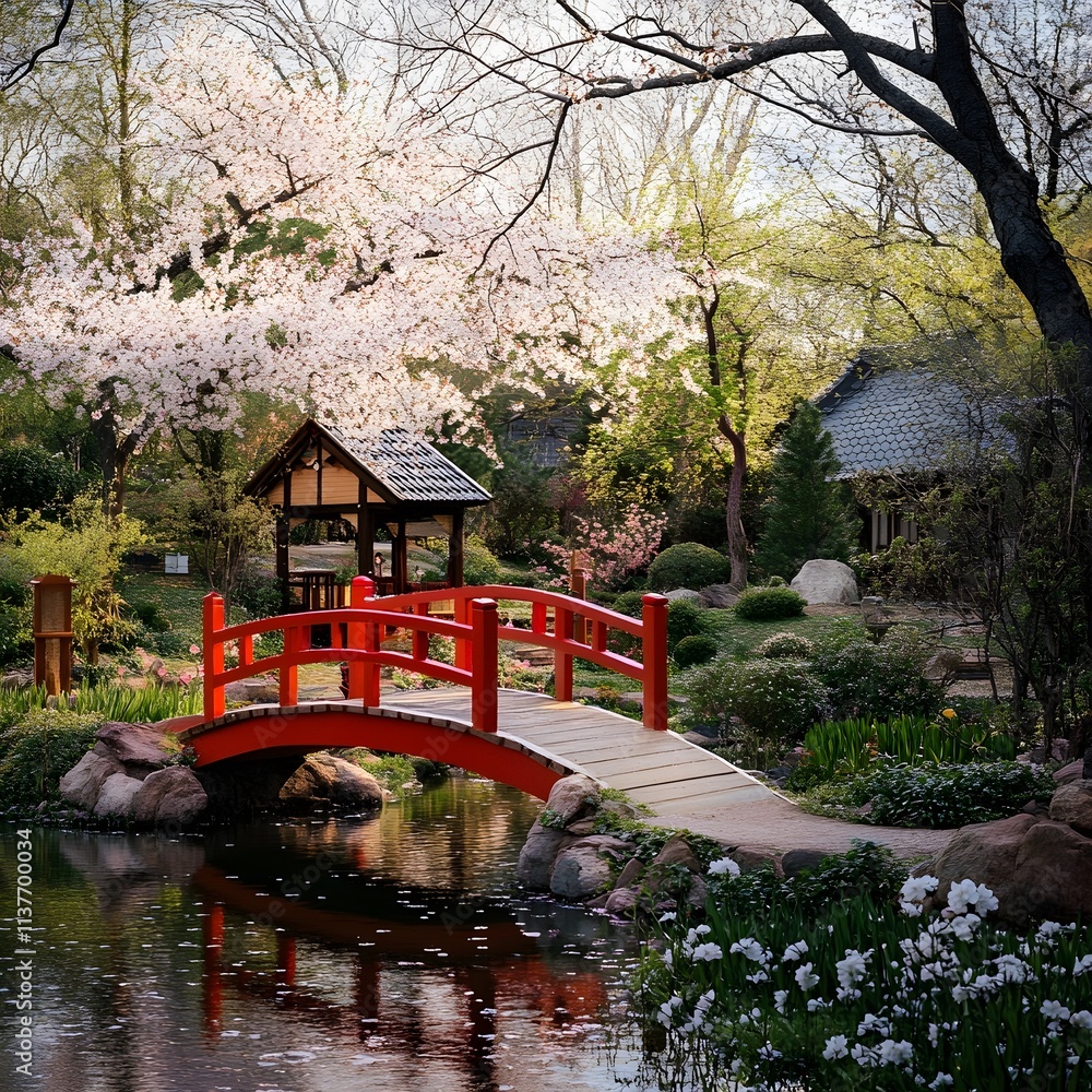 A photo of a tranquil Japanese garden, with a red wooden bridge crossing over a koi pond surrounded by cherry blossoms. A photo of a tranquil Japanese garden, with a red wooden bridge crossing over a koi pond surrounded by cherry blossoms.