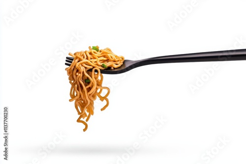 Delicious noodles twirled on a fork minimalist studio setting food photography white background close-up culinary delight