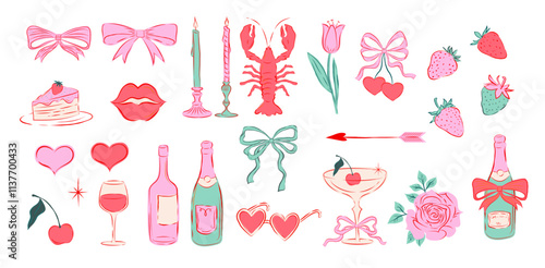 Elegant hand drawn style elements for Valentines day and wedding illustrations. Concept love themed icons for Valentine and birthday cards, save the date, picnic invitations
