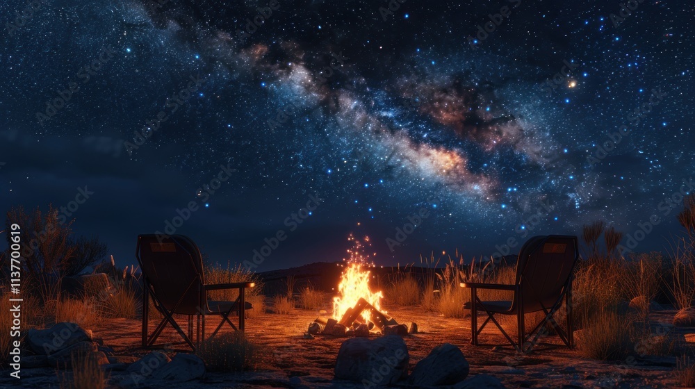 Fototapeta premium Milky Way Night Campfire Serenity: A Tranquil Desert Escape Under the Stars