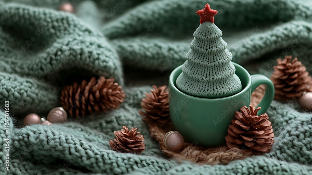 Cozy Christmas scene knitted tree in mug, pine cones, blanket. Cozy Christmas scene knitted tree in mug, pine cones, blanket.