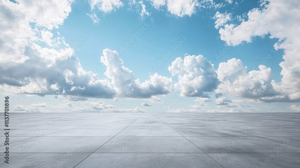 Empty concrete floor with a blue sky and white clouds in the background. Empty concrete floor with a blue sky and white clouds in the background.