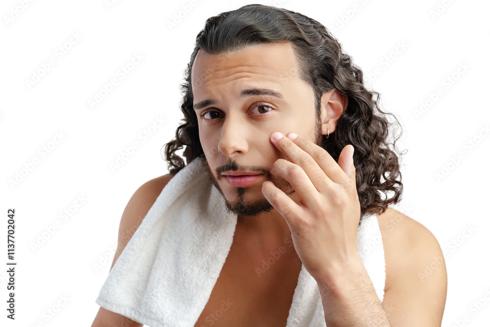 Smiling man with curly hair showing confidence while holding a towel Smiling man with curly hair showing confidence while holding a towel