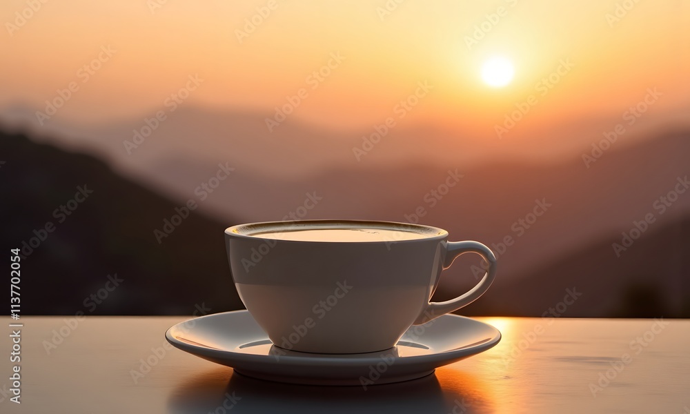 Melange coffee sits invitingly in a white cup as the sun sets behind distant mountains, creating a warm, tranquil atmosphere filled with rich hues. Melange coffee sits invitingly in a white cup as the sun sets behind distant mountains, creating a warm, tranquil atmosphere filled with rich hues.