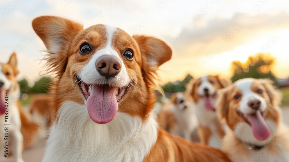 A playful pack of furry canines gathered together, wagging their tails and posing in front of a sparkling cell phone camera, with their tongues hanging out and big grins on their faces. A playful pack of furry canines gathered together, wagging their tails and posing in front of a sparkling cell phone camera, with their tongues hanging out and big grins on their faces.