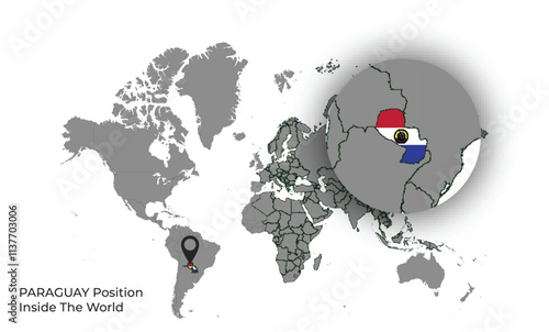 PARAGUAY Position Inside the World with Flag in Map