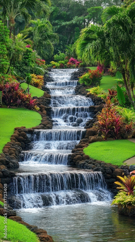 Naklejka premium Cascading Waterfall in a Lush Tropical Garden