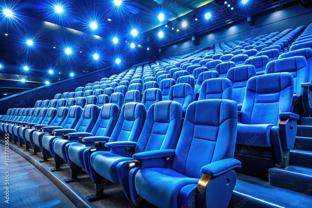 Fototapeta premium Rows of empty blue movie theater seats create a serene landscape, perfect for copy.